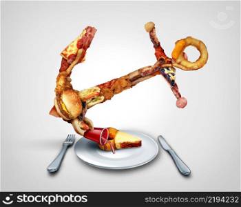 Eating heavy and gaining weight disorder and poor nutrition concept as a table setting with greasy snacks shaped as an anchor on a dinner plate with a knife and fork as a metaphor for a bad diet with 3D illustration elements.