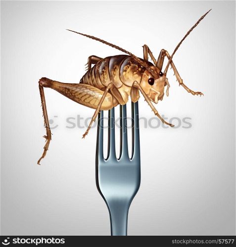 Eating insects and to eat bugs as exotic cuisine and alternative high protien nutrition food as a fork in a cricket insect as a symbol for entomophagy with 3D illustration elements.