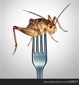 Eating insects and to eat bugs as exotic cuisine and alternative high protien nutrition food as a fork in a cricket insect as a symbol for entomophagy with 3D illustration elements.