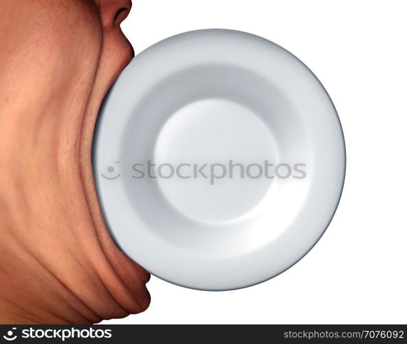 Eating issues and food disorder as anorexia or bulimia concept as a stretched mouth biting into an empty plate as a diet and nutrition symbol or extreme eater icon with 3D illustration elements.