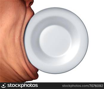 Eating issues and food disorder as anorexia or bulimia concept as a stretched mouth biting into an empty plate as a diet and nutrition symbol or extreme eater icon with 3D illustration elements.