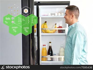 eating, people and diet concept - happy smiling middle-aged man looking for food in fridge at kitchen over nutritional value chart. man looking for food in fridge at kitchen