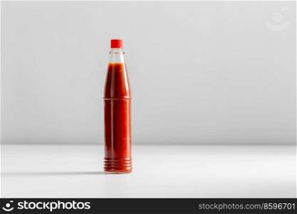 eating, spice and food concept - close up of hot tobasco sauce in glass bottle on table. close up of tobasco sauce in glass bottle on table