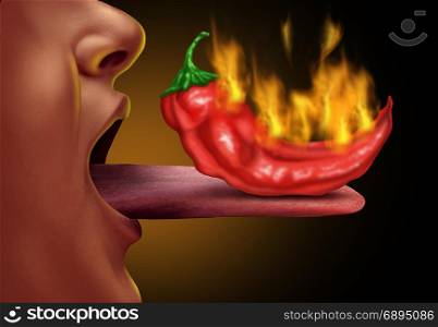 Eating spicy food diet and hot red chili peppers as an open mouth with a flame burning spice as a capsaicin health benefit ingredient in a 3D illustration style.