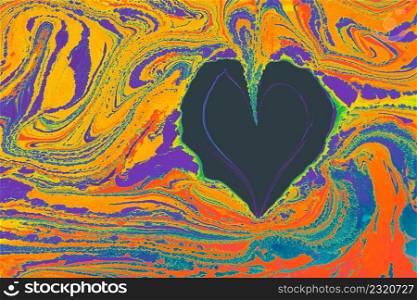 Ebru marbling background with heart shape.