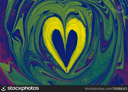 Ebru marbling background with heart shape. Unique art marbling texture background
