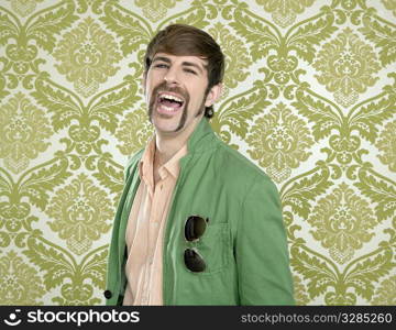 eccentric retro mustache geek man salesperson sixties seventies