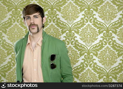 eccentric retro mustache geek man salesperson sixties seventies