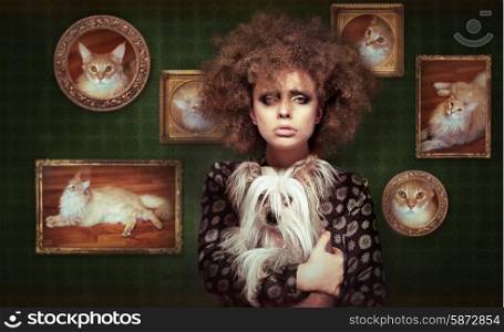 Eccentric Shaggy Woman with Pet - Little Puppy