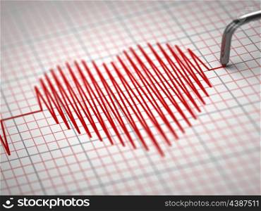 ECG. Electrocardiogram and heart beat shape. 3d