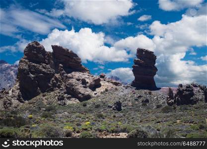 Echium wildpretii .Famous Finger Of God rock in Teide national park. Tenerife island - Canary, Spain. Famous Finger Of God rock