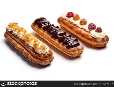 Eclairs with dark chocolate and cream topping on white.AI Generative