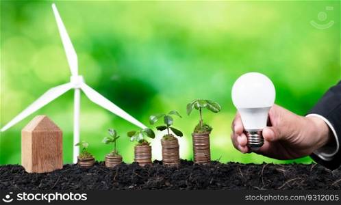 Eco business invest on environment conservation subsidize, coin stack with growing seedling, hand holding light bulb and wind turbine. Sustainable financial with clean and renewable energy idea. Alter. Eco business investment or environment conservation with coin stack. Alter