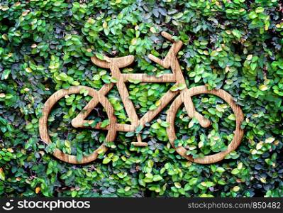 Eco concept :Wood texture Bicycle icon on green leaves wall.
