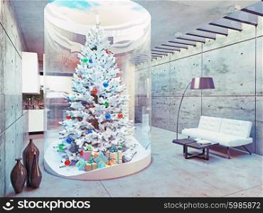 eco design of the modern interior. Live Christmas tree decoration indoor. 3d concept