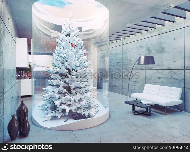 eco design of the modern interior. Pine tree indoor. 3d concept