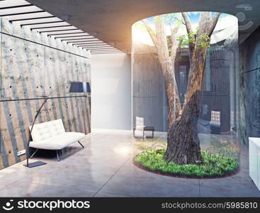 eco design of the modern interior. Real tree indoor. 3d concept