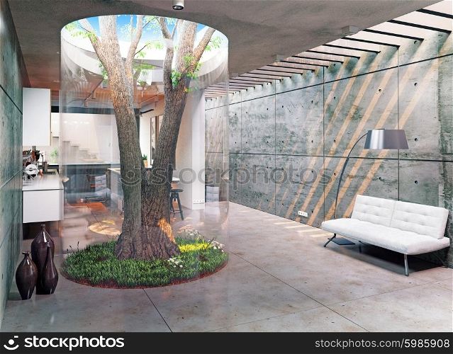 eco design of the modern interior. Real tree indoor. 3d concept