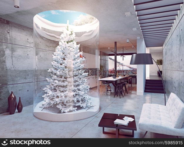 eco design of the modern kitchen interior. Pine tree indoor. 3d concept