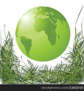 Eco elements, shining green globe and fresh grass border isolated on white background