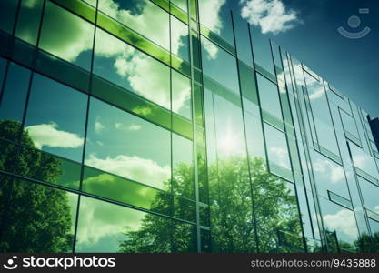 Eco-friendly building in the modern city. Sustainable glass office building with tree for reducing carbon dioxide. Office building with green environment. Corporate building reduce CO2. Generative AI.