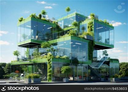 Eco-friendly building in the modern city. Sustainable glass office building with tree for reducing carbon dioxide. Office building with green environment. Corporate building reduce CO2. Generative AI.