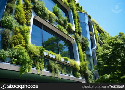 Eco-friendly building in the modern city. Sustainable glass office building with tree for reducing carbon dioxide. Office building with green environment. Corporate building reduce CO2. Generative AI.