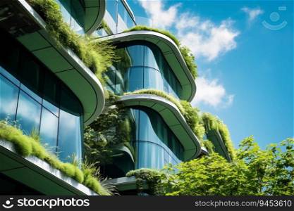 Eco-friendly building in the modern city. Sustainable glass office building with tree for reducing carbon dioxide. Office building with green environment. Corporate building reduce CO2. Generative AI
