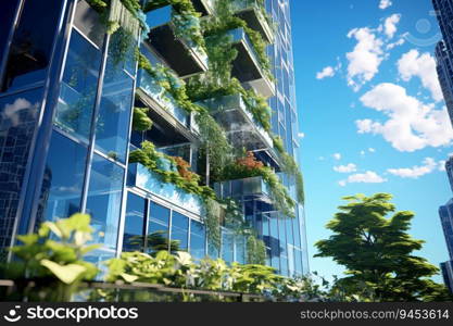 Eco-friendly building in the modern city. Sustainable glass office building with tree for reducing carbon dioxide. Office building with green environment. Corporate building reduce CO2. Generative AI 
