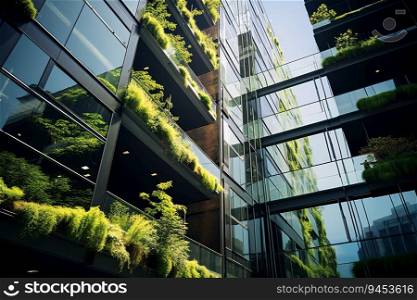 Eco-friendly building in the modern city. Sustainable glass office building with tree for reducing carbon dioxide. Office building with green environment. Corporate building reduce CO2. Generative AI 