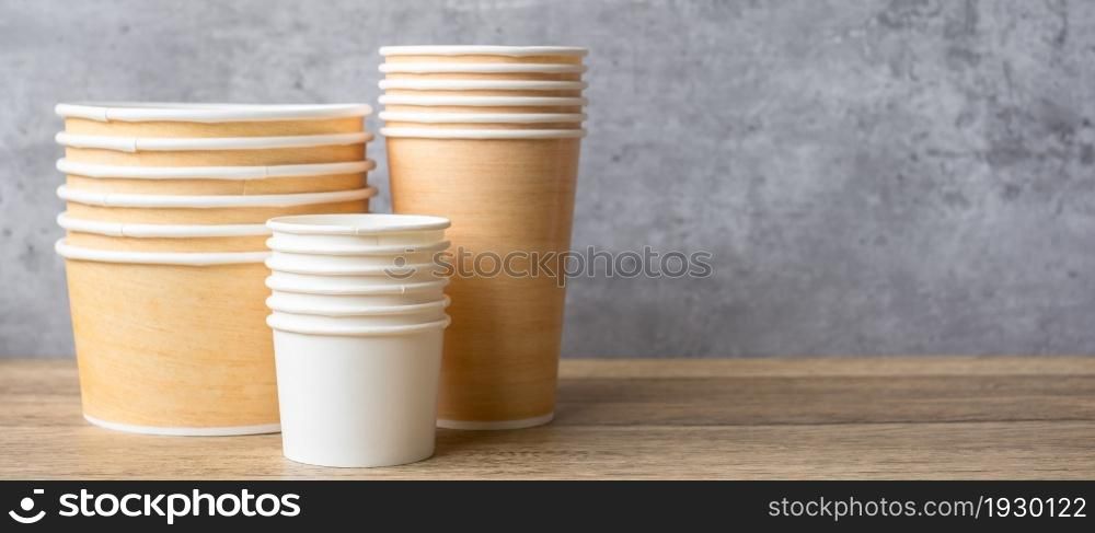 Eco friendly food packaging on table background. natural container: cup and bowl. zero waste, pollution, earth day, free plastic, world Environment day concept