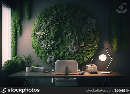 Eco-friendly interior made of moss. Modern Office lobby interior.Generative AI.. Eco-friendly interior made of moss. Modern Office lobby interior.Generative AI