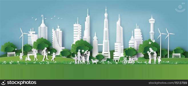 eco friendly , save the earth and world environment day with family,Paper art and digital craft style