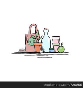 Eco friendly Zero waste objects. Ecological illustration in scribble style. The object is separate from the background. Vector element for your design. Eco friendly Zero waste objects. Ecological illustration in scribble style. The object is separate from the background.