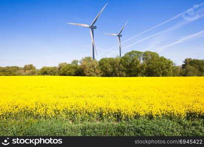 Eco green power station, wind turbines at the spring field
