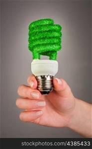 Eco light bulb in hand on gray background