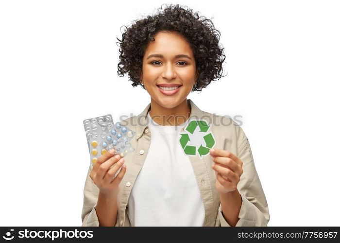 eco living, environment and sustainability concept - portrait of happy smiling woman holding green recycling sign over white background. happy woman holding green recycling sign