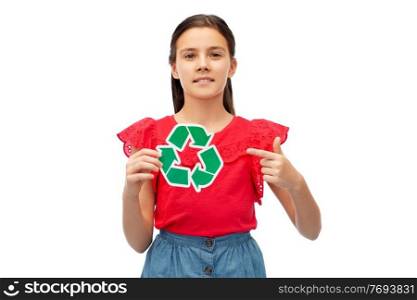 eco living, environment and sustainability concept - smiling girl holding green recycling sign over white background. smiling girl holding green recycling sign