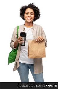 eco living, zero waste and sustainability people concept - happy smiling woman with thermo cup and shopping bag over white background. happy woman with thermo cup, paper bag and shopper