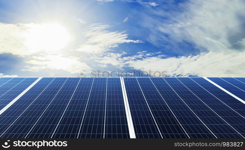 eco technology solar panel with sun and blue sky background. concept clean energy in nature