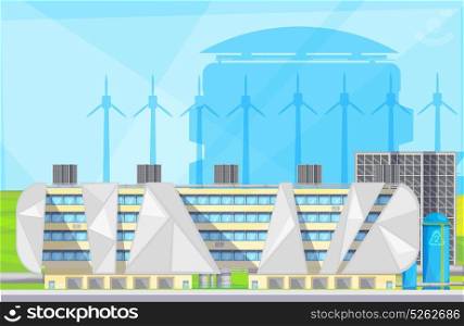Eco Waste Plant Facilities Flat Poster . Eco friendly plant facilities with waste to energy converting converting technology using windmills flat poster vector illustration