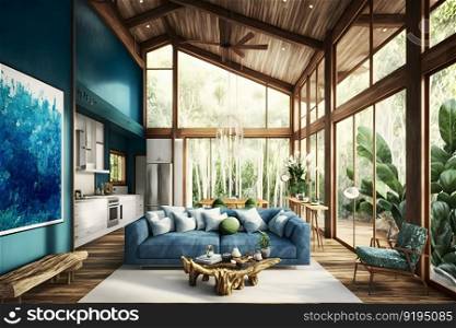 ecological house in the forest. Neural network AI generated art. ecological house in the forest. Neural network AI generated