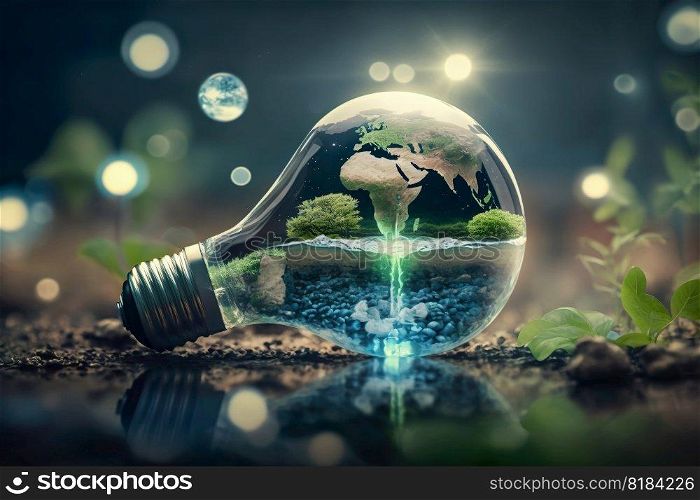 Ecology and world water day , Light bulb idia with environmental protection and save earth water , Generate Ai