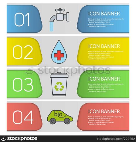 Ecology banner templates set. Easy to edit. Bio car, recycle bin, faucet, pure water. Website menu items. Color web banner. Vector headers design concepts. Ecology banner templates set