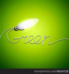 Ecology bulb light. Illustration of an electric light bulb with a word Green. Conceptual illustration