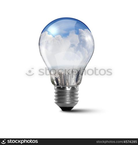 Ecology bulb light. Illustration of an electric light bulb with clean and safe nature inside it Conceptual illustration