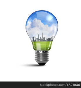 Ecology bulb light. Illustration of an electric light bulb with clean and safe nature inside it Conceptual illustration