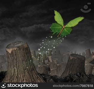 Ecology concept and new beginning symbol as a group of green leaves shaped as a butterfly flying up away from a dead forest of chopped trees as an icon for success and persistence to survive and prosper in the future.