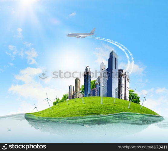 Ecology concept. City on island floating in water. Global warming