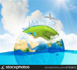Ecology concept. City on island floating in water. Global warming. Elements of this image are furnished by NASA